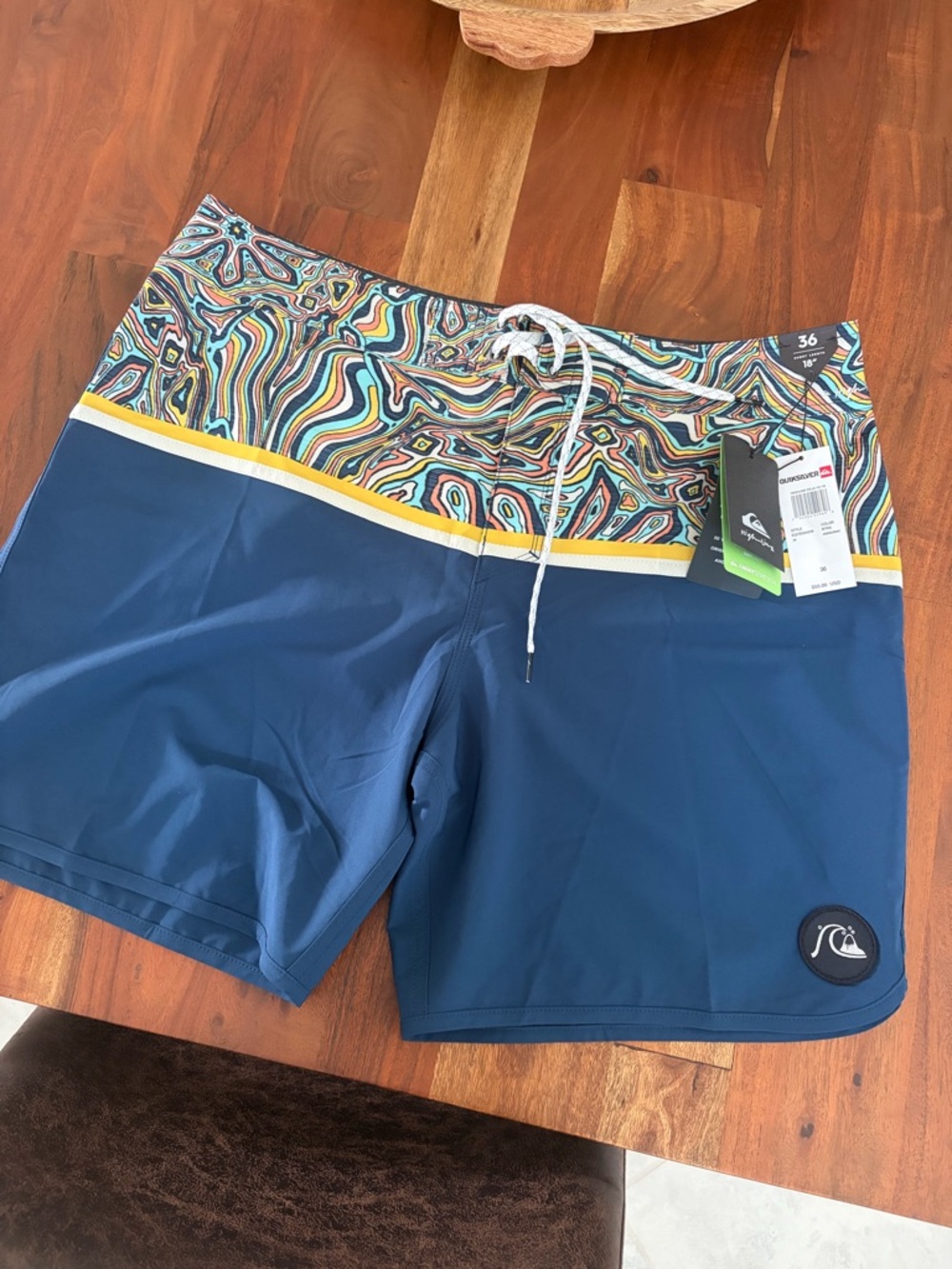 Quiksilver Multicolor Swirl Waistband Navy Boardshorts with Yellow Stripe